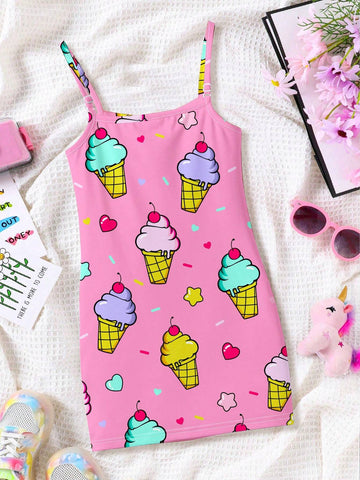 Young Girl's Casual And Cute Cherry Ice Cream Heart Printed Cartoon Suspenders Midi Dress, Suitable For Summer