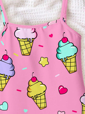 Young Girl's Casual And Cute Cherry Ice Cream Heart Printed Cartoon Suspenders Midi Dress, Suitable For Summer
