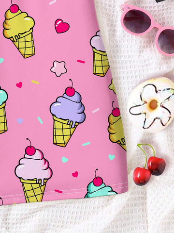 Young Girl's Casual And Cute Cherry Ice Cream Heart Printed Cartoon Suspenders Midi Dress, Suitable For Summer