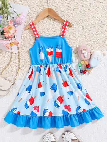 Young Girls' Casual And Cute Ice Cream Printed Strappy Dress