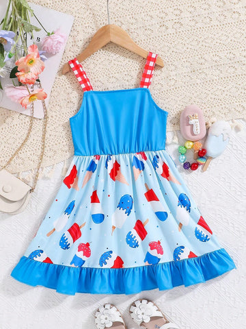 Young Girls' Casual And Cute Ice Cream Printed Strappy Dress
