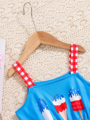 Young Girls' Casual And Cute Ice Cream Printed Strappy Dress