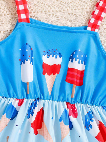 Young Girls' Casual And Cute Ice Cream Printed Strappy Dress