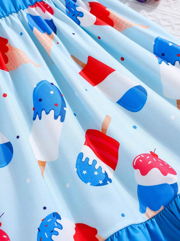 Young Girls' Casual And Cute Ice Cream Printed Strappy Dress