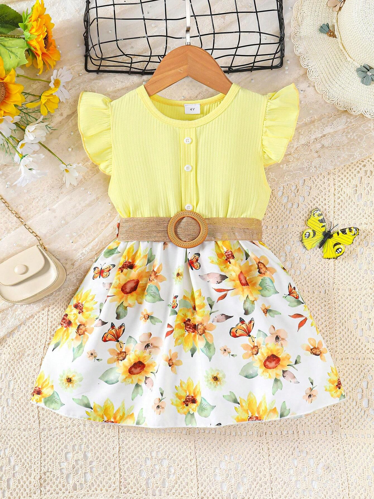 Young Girl's Casual And Elegant Sunflower Printed Dress With Ruffle Hemline, Button Belt, Spring/Summer