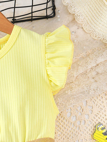 Young Girl's Casual And Elegant Sunflower Printed Dress With Ruffle Hemline, Button Belt, Spring/Summer