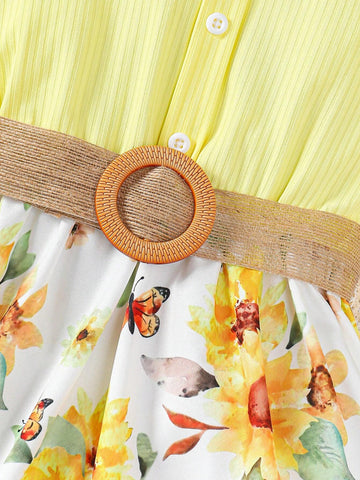 Young Girl's Casual And Elegant Sunflower Printed Dress With Ruffle Hemline, Button Belt, Spring/Summer