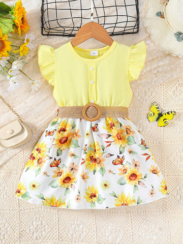 Young Girl's Casual And Elegant Sunflower Printed Dress With Ruffle Hemline, Button Belt, Spring/Summer
