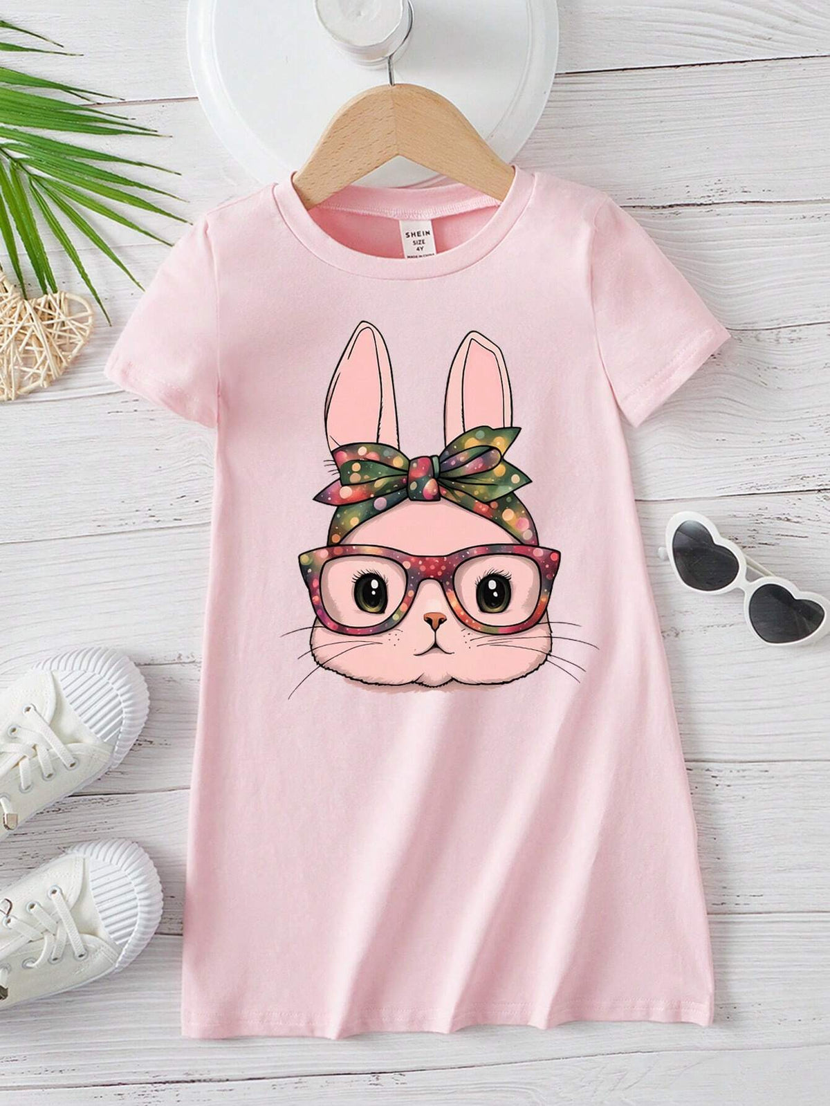 Young Girls' Casual And Simple Easter Bunny Pattern Short Sleeve Dress Perfect For Summer