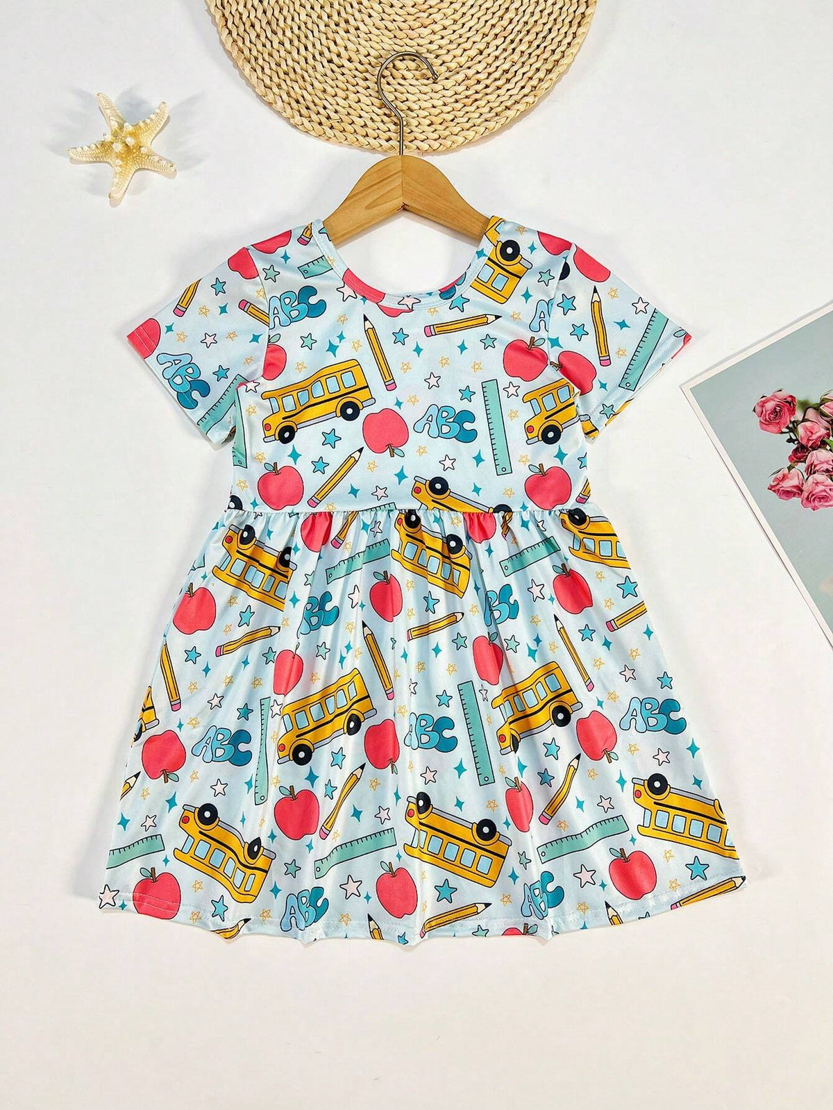 Young Girl's Casual Apple & Pencil Printed Flying Sleeve Dress, Spring/Summer/Fall Back-To-School Outfit
