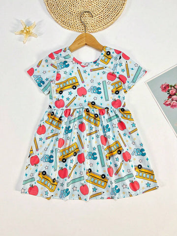 Young Girl's Casual Apple & Pencil Printed Flying Sleeve Dress, Spring/Summer/Fall Back-To-School Outfit