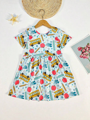 Young Girl's Casual Apple & Pencil Printed Flying Sleeve Dress, Spring/Summer/Fall Back-To-School Outfit