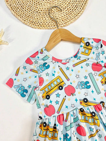 Young Girl's Casual Apple & Pencil Printed Flying Sleeve Dress, Spring/Summer/Fall Back-To-School Outfit