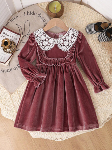 Young Girls Casual Black Long Sleeve Ruffled Velvet Maxi Dress, Autumn/Winter