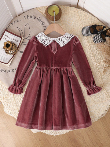 Young Girls Casual Black Long Sleeve Ruffled Velvet Maxi Dress, Autumn/Winter