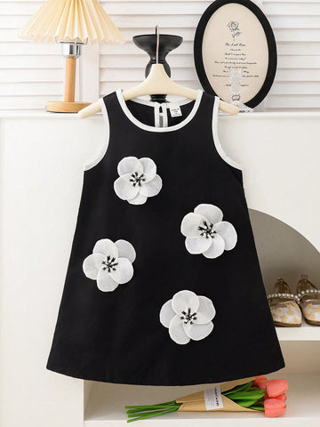 Young Girls' Casual Black Sleeveless Floral 3D Dress, Summer New Girls Princess Dress Children Tank Dress