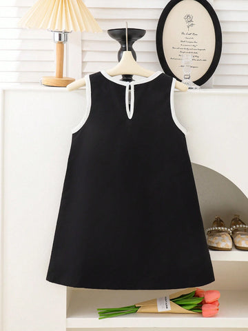 Young Girls' Casual Black Sleeveless Floral 3D Dress, Summer New Girls Princess Dress Children Tank Dress