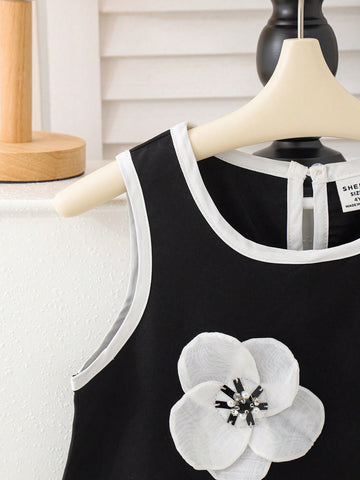 Young Girls' Casual Black Sleeveless Floral 3D Dress, Summer New Girls Princess Dress Children Tank Dress