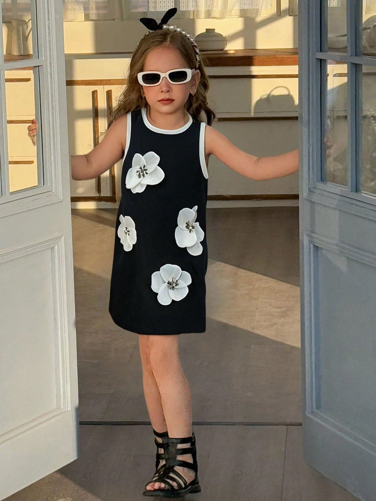 Young Girls' Casual Black Sleeveless Floral 3D Dress, Summer New Girls Princess Dress Children Tank Dress