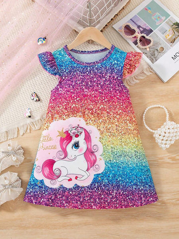 Young Girls Casual Brick Print Cartoon Unicorn Ruffled Sleeve Dress