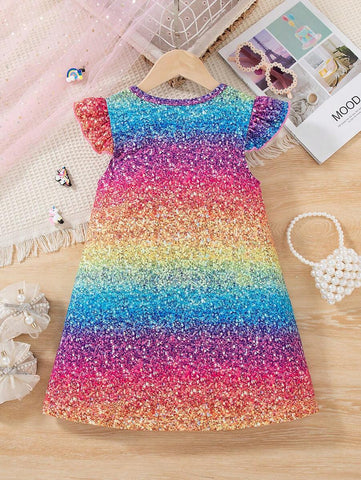 Young Girls Casual Brick Print Cartoon Unicorn Ruffled Sleeve Dress
