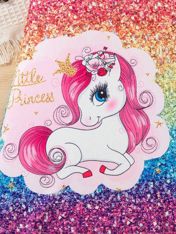 Young Girls Casual Brick Print Cartoon Unicorn Ruffled Sleeve Dress