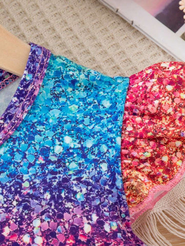 Young Girls Casual Brick Print Cartoon Unicorn Ruffled Sleeve Dress