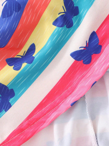 Young Girls' Casual Butterfly Printed Dress With Ruffle Trim And Decorative Band