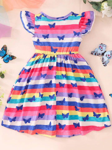 Young Girls' Casual Butterfly Printed Dress With Ruffle Trim And Decorative Band