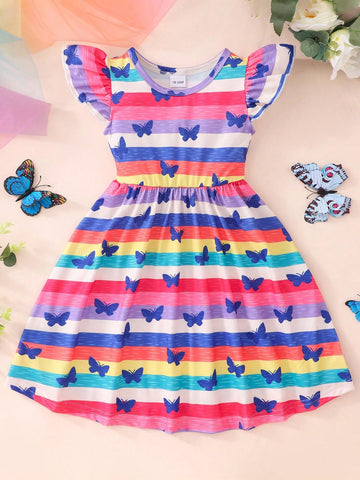 Young Girls' Casual Butterfly Printed Dress With Ruffle Trim And Decorative Band