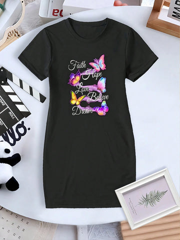 Young Girls' Casual Butterfly & Letter Print Short Sleeve Dress For Summer