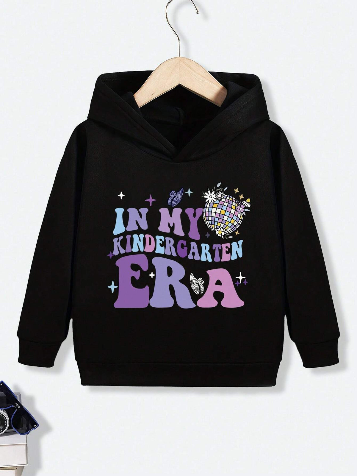 Young Girls Casual Butterfly & Slogan Print Fleece Hoodie