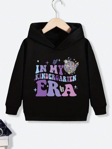 Young Girls Casual Butterfly & Slogan Print Fleece Hoodie