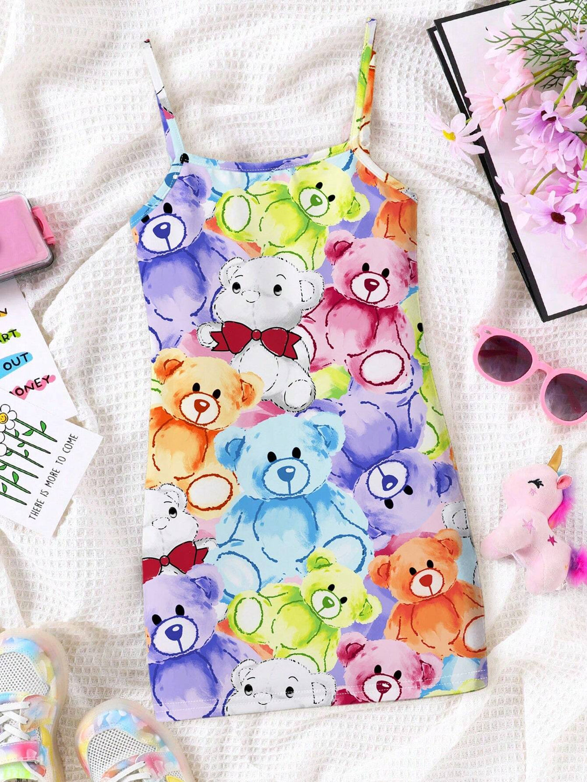 Young Girl's Casual Cartoon Bear Print Spaghetti Strap Midi Dress, Colorful Hand-Drawn Bear Pattern, Suitable For Summer