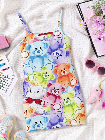 Young Girl's Casual Cartoon Bear Print Spaghetti Strap Midi Dress, Colorful Hand-Drawn Bear Pattern, Suitable For Summer