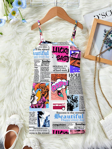 Young Girls' Casual Cartoon Fashion Poster Print Sleeveless Midi Dress, Suitable For Summer