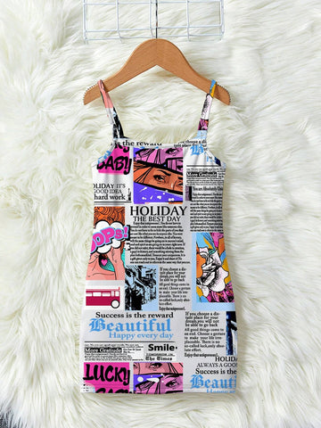 Young Girls' Casual Cartoon Fashion Poster Print Sleeveless Midi Dress, Suitable For Summer