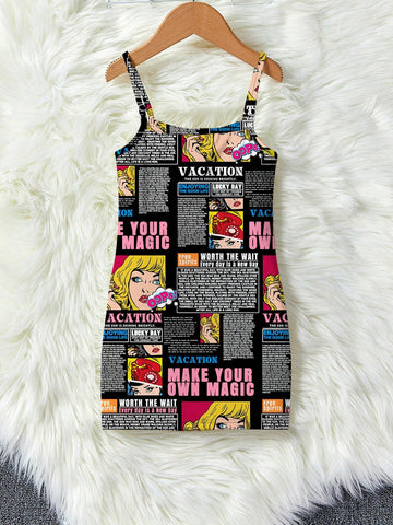 Young Girls' Casual Cartoon Printed Spaghetti Strap Mid-Length Dress, Suitable For Summer