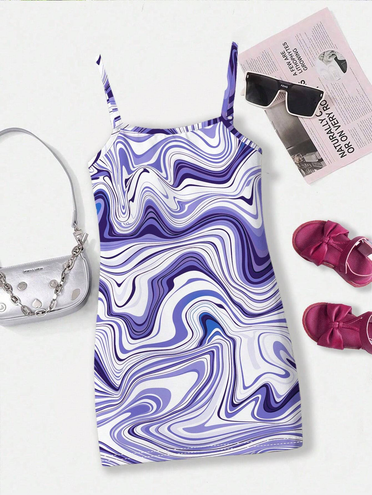 Young Girls" Casual Cartoon Texture Pattern Spaghetti Strap Midi Dress Suitable For Summer
