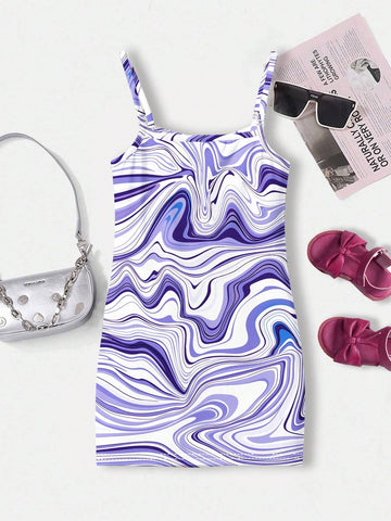 Young Girls" Casual Cartoon Texture Pattern Spaghetti Strap Midi Dress Suitable For Summer