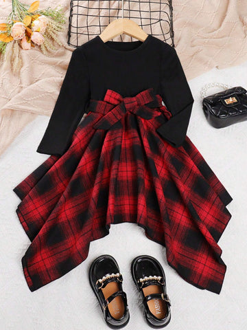 Young Girls Casual Christmas Poinsettia Plaid Long Sleeved Irregular Dress For Autumn