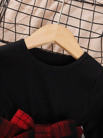 Young Girls Casual Christmas Poinsettia Plaid Long Sleeved Irregular Dress For Autumn