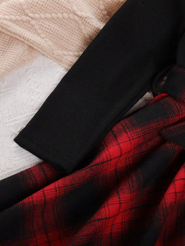 Young Girls Casual Christmas Poinsettia Plaid Long Sleeved Irregular Dress For Autumn