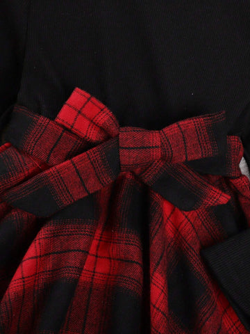 Young Girls Casual Christmas Poinsettia Plaid Long Sleeved Irregular Dress For Autumn