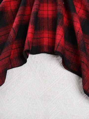 Young Girls Casual Christmas Poinsettia Plaid Long Sleeved Irregular Dress For Autumn