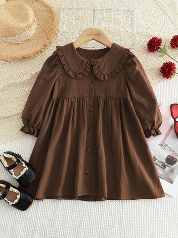 Young Girl's Casual Collared Long Sleeve Frill Trim Dress, Spring & Autumn