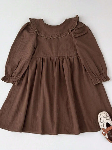 Young Girl's Casual Collared Long Sleeve Frill Trim Dress, Spring & Autumn