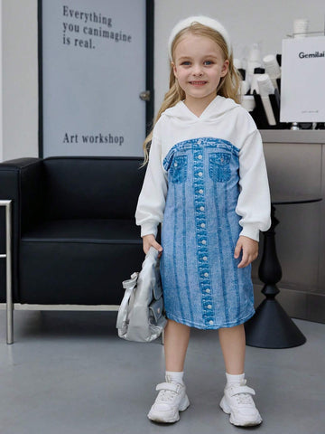 Young Girls Casual Color Block Hooded Dress, Autumn