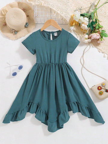 Young Girls Casual Comfortable Asymmetric Ruffle Waist Pleated Solid Color Short Sleeve Dress