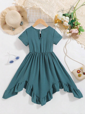 Young Girls Casual Comfortable Asymmetric Ruffle Waist Pleated Solid Color Short Sleeve Dress